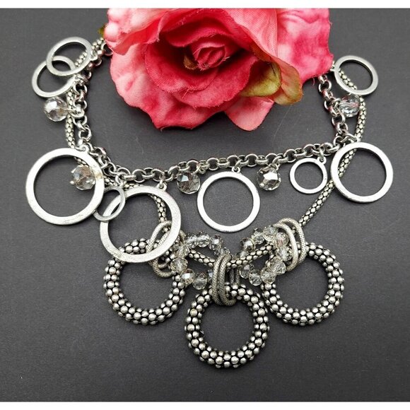 LOFT Antique Silver Tone Multi Strand Collar Bib Necklace Statement Crystal Bead - Picture 1 of 10
